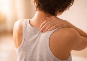 Fit woman experiences pain in her upper arm due to a herniated disc. Woman holding neck due to spinal stenosis in NYC